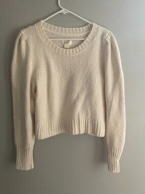 Maeve Anthropologie Sweater Large‎ Cream Puff Sleeve Cropped Knit